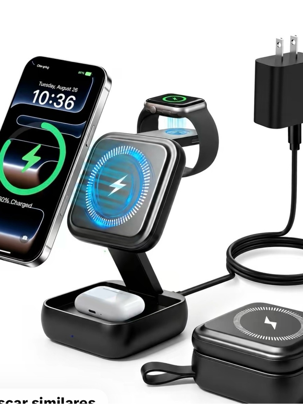 3-in-1 Wireless Charging Dock Stand for Phone, Watch & Earbuds - Black